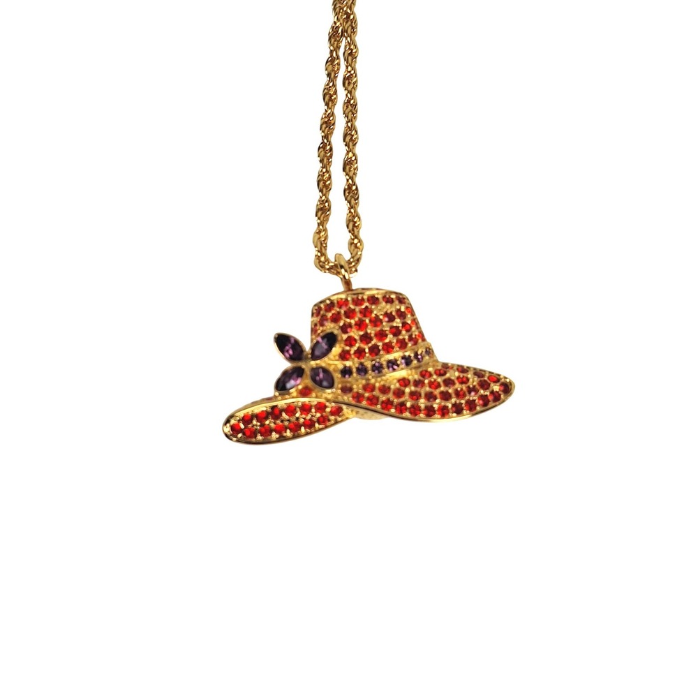 Xanadu Red Rhinestone Sun Hat Pendant Watch Gold Tone Rope Chain Vintage Novelty